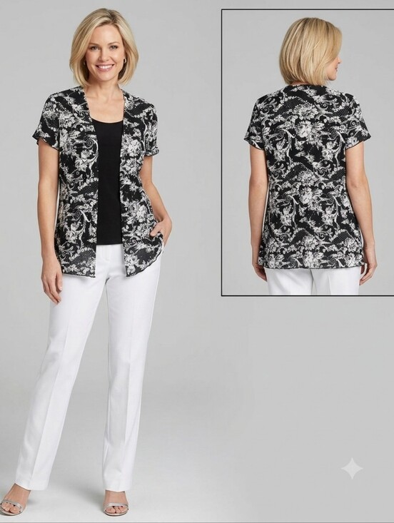 Brittany Black Tops - Brittany Black Short Sleeve Black & White Floral Open-Front & Tank Top Size L
